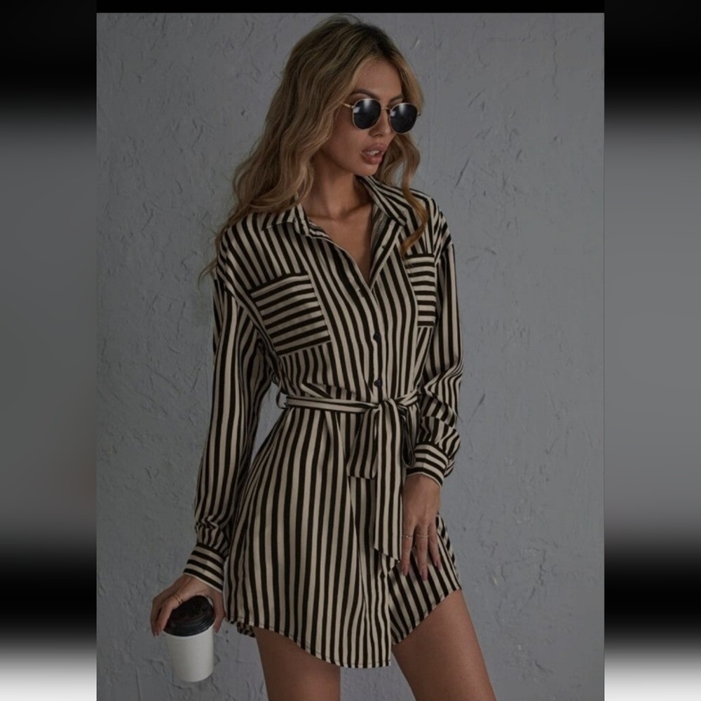 Striped black and white Shirt Dress Large